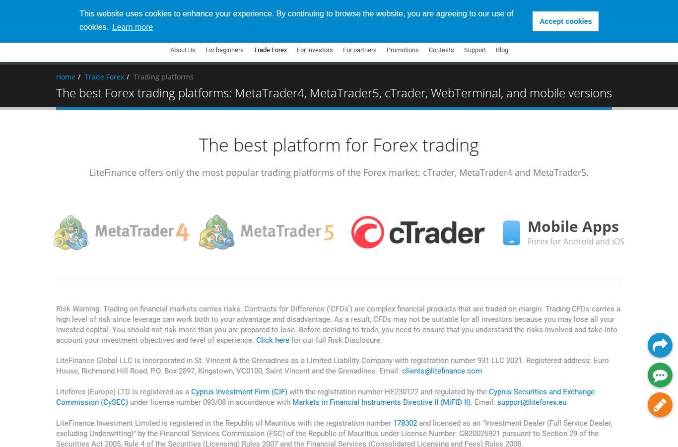 The platform page on the LiteFinance website